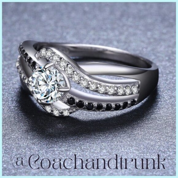 925 Sterling Hallmark Bypass Black Spinel and Diamond CZ Ring - Picture 3 of 4